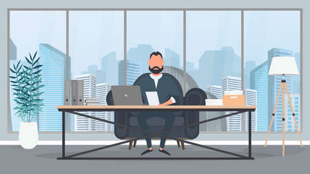 A businessman is working on a laptop in his office. Director's workplace. Laptop, documents, books, loft-style table. Vector.のイラスト素材