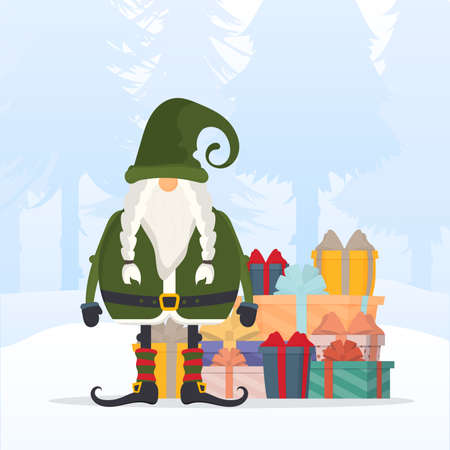 A Christmas Gnome in green clothes, with a long white beard and pigtails. Suitable for postcards and books. Ready postcard. Vectorのイラスト素材