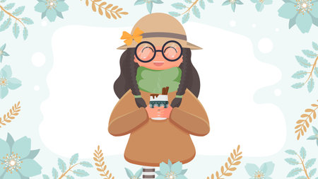 A cute girl in a hat and glasses holds a cup with a hot drink. Suitable for the design of postcards and books. Vector illustration.のイラスト素材