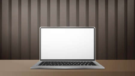 A laptop with a white screen is on the table. Striped brown realistic poster Background with metal or glossy wood. Realistic vector.のイラスト素材