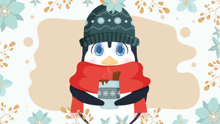 A little cute penguin in a winter hat and a scarf holds a hot drink in his hands. Knitted hat, red scarf, hot, winter drink, coffee or latte. Ready postcard. Vector illustrationのイラスト素材