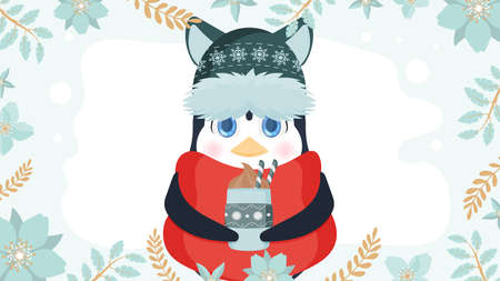 A little cute penguin in a winter hat and a scarf holds a hot drink in his hands. Knitted hat, red scarf, hot, winter drink, coffee or latte. Ready postcard. Vector illustrationのイラスト素材