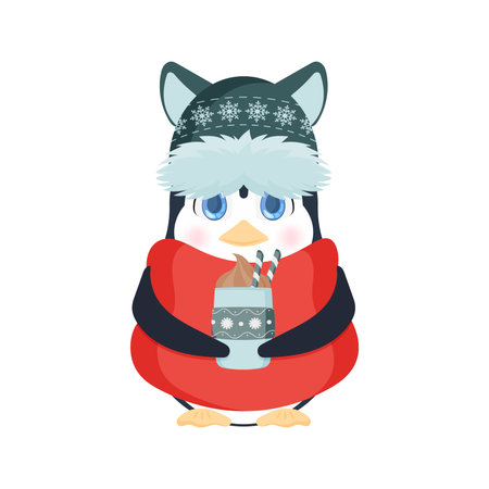 A little penguin with a cute look in a winter hat and a scarf holds a hot drink in his hands. Knitted hat, red scarf, hot, winter drink, coffee, chocolate or latte. Vector illustration.のイラスト素材