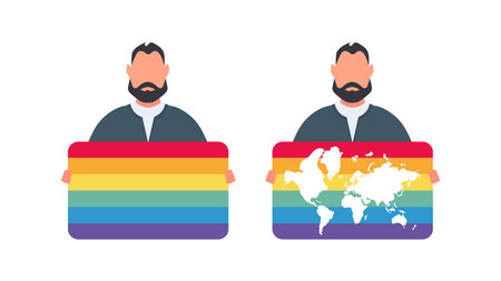 A man holding an LGBT flag. The guy is holding a banner with LGBT color. Vector.のイラスト素材