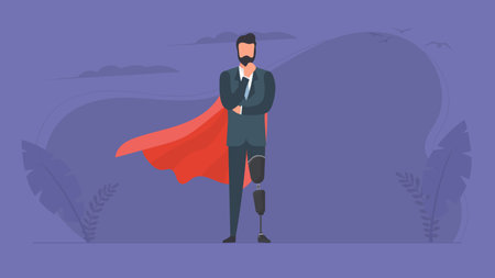 A man with a prosthetic leg in a business suit and a red cloak. Guy with a leg implant. The concept of human recovery through robot.のイラスト素材