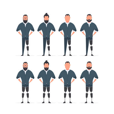 A set of men with prosthetic legs. People with disabilities. Vector.のイラスト素材