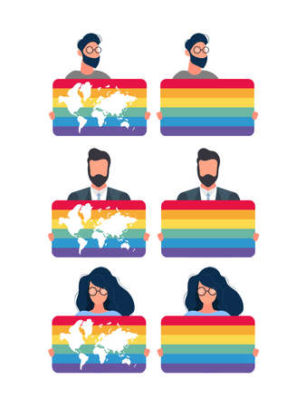 A set of people who are holding the LGBT flag. The concept of tolerance towards the LGBT community. Vector.のイラスト素材