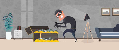 A thief steals money. A robber steals money from an old chest. Vintage chest. Vector.のイラスト素材