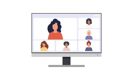 Application for video communication. Modern glossy white screen monitor. For advertising design. Isolated over white background. Vectorのイラスト素材