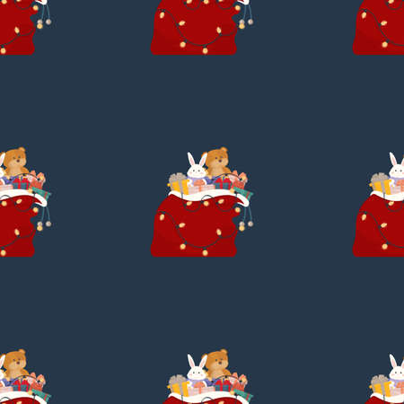 Blue Seamless background with a red bag with gifts. Suitable for wrapping paper, backgrounds, prints and books. Vector.のイラスト素材