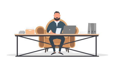 Businessman works at a laptop. Director's workplace. Laptop, documents, books, loft-style table. Isolated. Vector.のイラスト素材