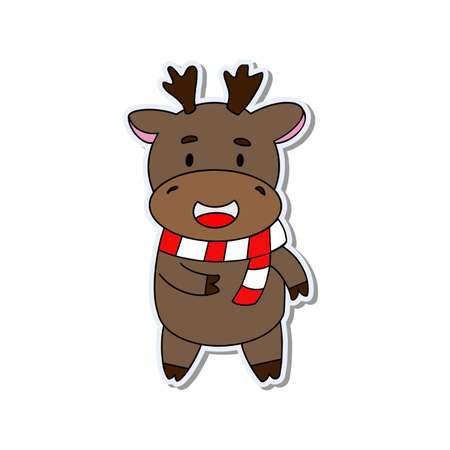 Cheerful fawn with a scarf. Funny sticker with a deer. Good for postcards, children's books and stickers. Vector.のイラスト素材