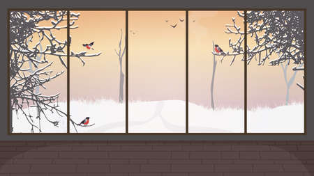Empty room with a large panoramic window. Winter outside the window. Vector.のイラスト素材
