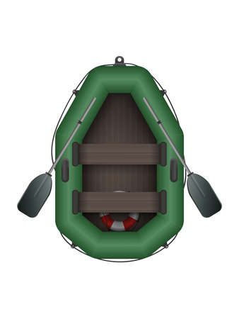 Inflatable green boat with oars top view. For kayaking and rowing design. Vector illustration isolated on white background. Realistic style.のイラスト素材