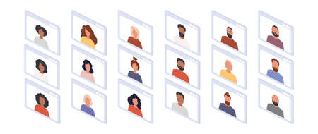 Isometric application window with chat. People at an online conference. Application window with conference. Isolated over white background. Vector illustration.のイラスト素材