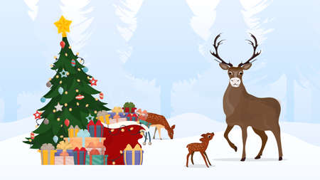 New Year in a snowy forest with deer. Heap of large colorful wrapped gift boxes with ribbon bows lying under the tree. Many gifts for the winter holiday.のイラスト素材