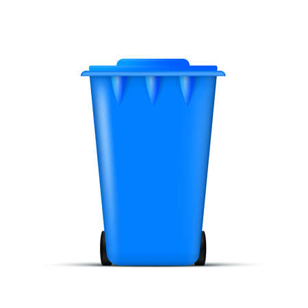 Realistic blue trash can. Waste bin with lid and wheels. Eco concept. Vector.のイラスト素材