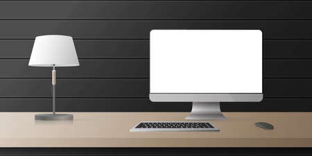Realistic vector design Computer monitor with white screen on the table. Wooden table, lamp, black...