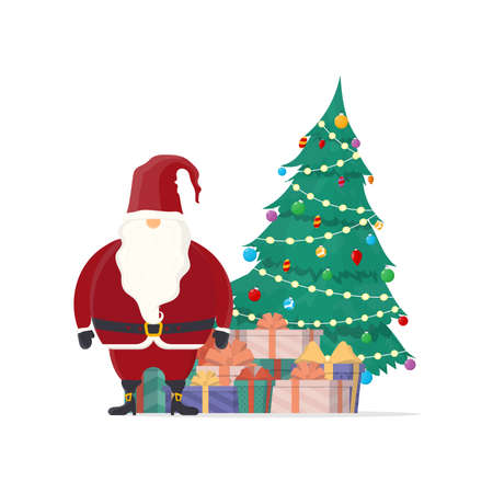 Santa claus with a mountain of gifts and a christmas tree. Old man with white beard in red clothes isolated on white background. Vector.のイラスト素材