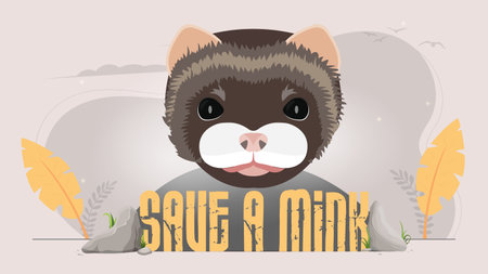Save the mink banner. Mink face, forest silhouette. Animal conservation concept.