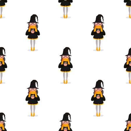Seamless background with a witch. Suitable for postcards, wrapping paper, books and posters. Halloween theme. Vector.のイラスト素材