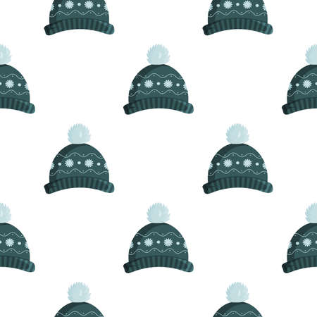 Seamless pattern with a green knitted hat. Festive background for websites and applications. Suitable for postcards, wrapping paper, books and posters. Vector.のイラスト素材