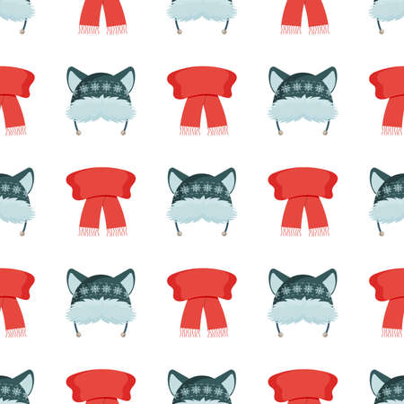 Seamless pattern with a green knitted hat and a red scarf. Festive background for websites and applications. Suitable for postcards, wrapping paper, books and posters. Vector.のイラスト素材