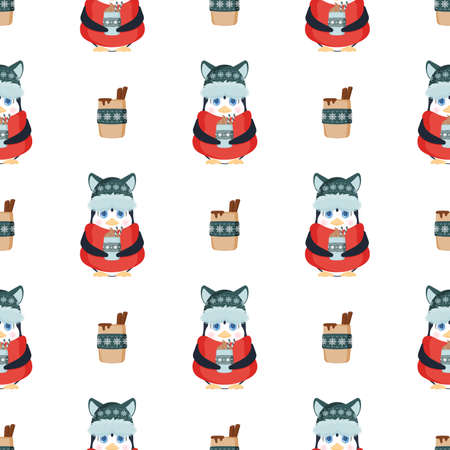 Seamless pattern. A little penguin with a cute look in a winter hat and a scarf holds a hot drink in his hands. Christmas mug of hot drink. Suitable for backgrounds, cards, banners and prints. Vectorのイラスト素材