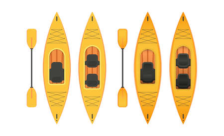 Set of yellow kayak with paddles. Flat and cartoon style. For kayaking and rowing design. Isolated. Vector.のイラスト素材