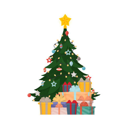 Star, decoration balls and light bulb chain decorated christmas tree with lots of gift boxes. Flat style vector illustration isolated on white background.のイラスト素材