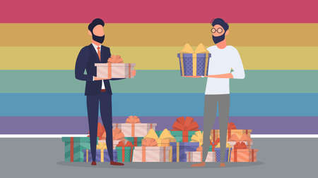 The guy gives a gift to the guy. LGBT concept. Vector.のイラスト素材