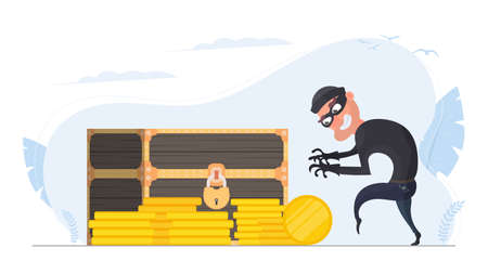 The robber steals a retro chest with money. Thief and Antique Wooden Chest. Vector.のイラスト素材