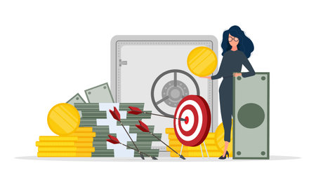 Woman and a mountain of money. The girl stands near gold coins and large dollar bills. A bundle of money. The concept of a successful business, earnings and wealth. Isolated. Vector.のイラスト素材