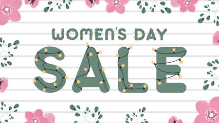 Womens day sale banner. Garlands with light bulbs, white background, flowers, roses, green leaves. Green letters with garlands on a white background. Vector.のイラスト素材