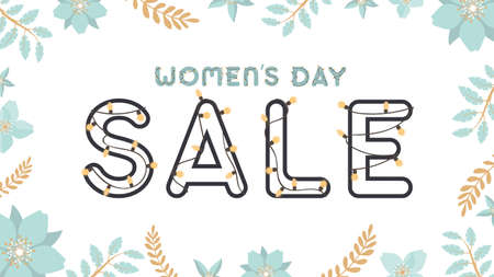 Women's day sale. Blue and brown colors. Frame made of flowers and leaves. Vector.のイラスト素材
