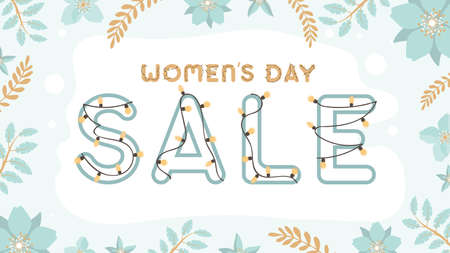 Women's day sale. Ready-made poster in gentle colors with flowers and leaves. Frame made of flowers and leaves. Vector.のイラスト素材