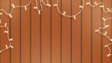 Wooden background with garlands and light bulbs. Wooden boards, festive garlands, background with place for text. Vector illustration.のイラスト素材