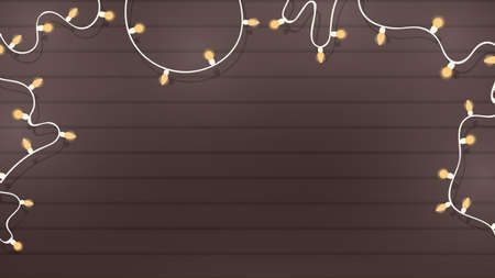 Wooden background with garlands and light bulbs. Wooden boards, festive garlands, background with place for text. Vector illustration.のイラスト素材