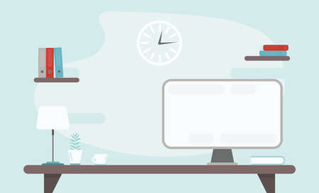 Workplace illustration with computer, desk, documents. Template banner. Vector home office and freelancer workplace concept.のイラスト素材
