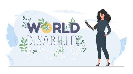 World Disability Day. International Day of Persons with Disabilities. Girl with a prosthetic hand. Futuristic metal prosthetic hand. Vector.のイラスト素材