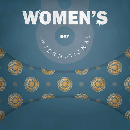 Postcard template 8 march international womens day in blue color with vintage gold ornamentのイラスト素材