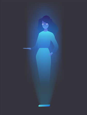 A hologram of a girl with glasses. Futuristic silhouette of a girl in neon light. Isolated on a dark background. Vector.のイラスト素材