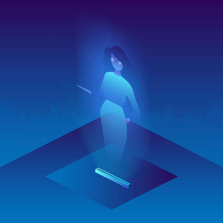 A hologram of a girl with glasses. Futuristic silhouette of a girl in neon light. Isometric style. Vector.のイラスト素材
