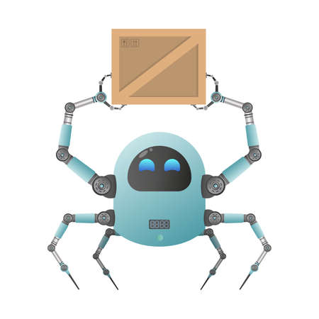 A small futuristic robot is holding a box. Cargo delivery concept. Isolated. Cartoon style. Vector...