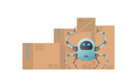 A small futuristic robot picks up a parcel. Carton boxes. Cargo delivery concept. Isolated. Cartoon style. Vector illustration.のイラスト素材
