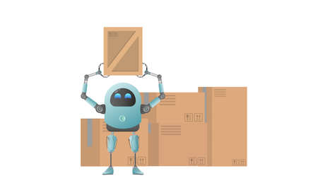 A small futuristic robot picks up a parcel. Carton boxes. Cargo delivery concept. Isolated. Cartoon style. Vector illustration.のイラスト素材