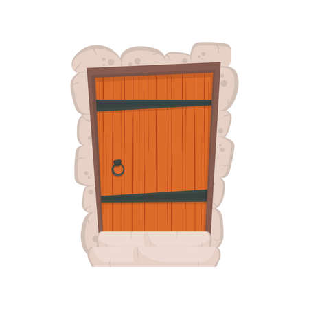 Antique rectangular wooden entrance door. Stone cladding. Cartoon style. Isolated. Vector.のイラスト素材