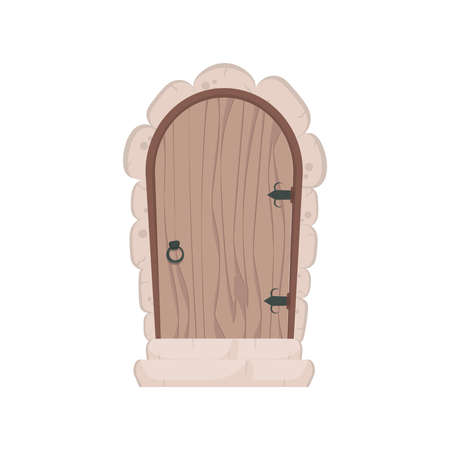Antique wooden door. Stone cladding and steps. Wood texture. Isolated, vector illustration.のイラスト素材