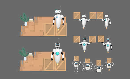 Big Set of White flying robots with boxes. Delivery and trucking concept. Realistic style. Vector illustration.のイラスト素材