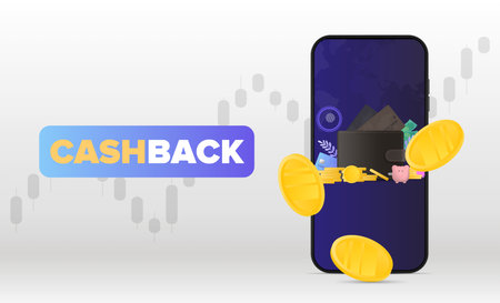 Cashback banner. Gold coins fall near the phone. Refund application. Get out with the financial charts. Concept on the topic of earnings. Vector illustration.のイラスト素材